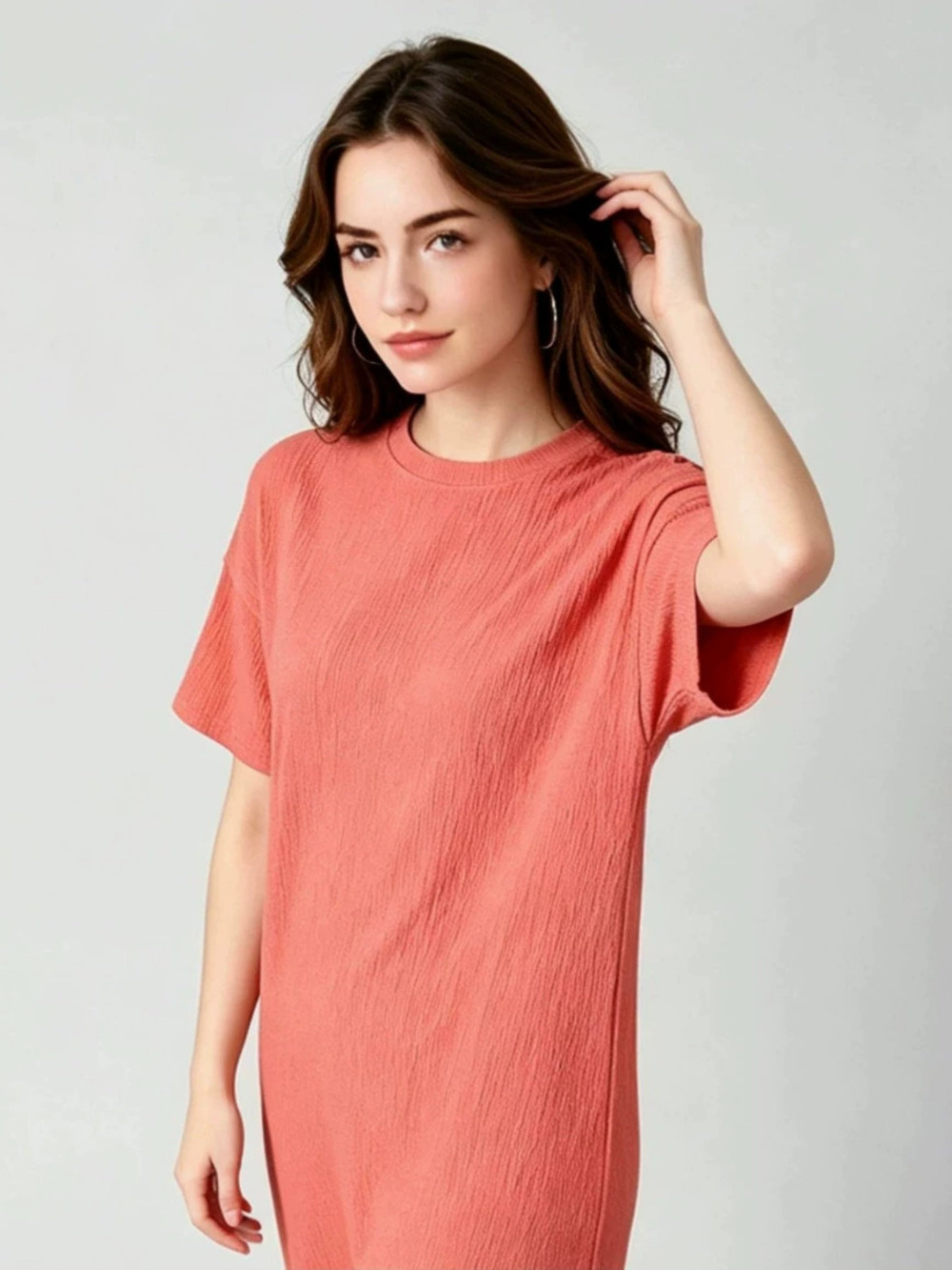 Zara Summer Coral Red Short Sleeve Crew Neck Loose Casual Midi T-Shirt Dress